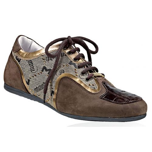 Mauri Ladies "Special Touch" Brown/Bronze Genuine Crocodile And Nappa Leather/Mauri Fabric Sneakers With Rhine Stones